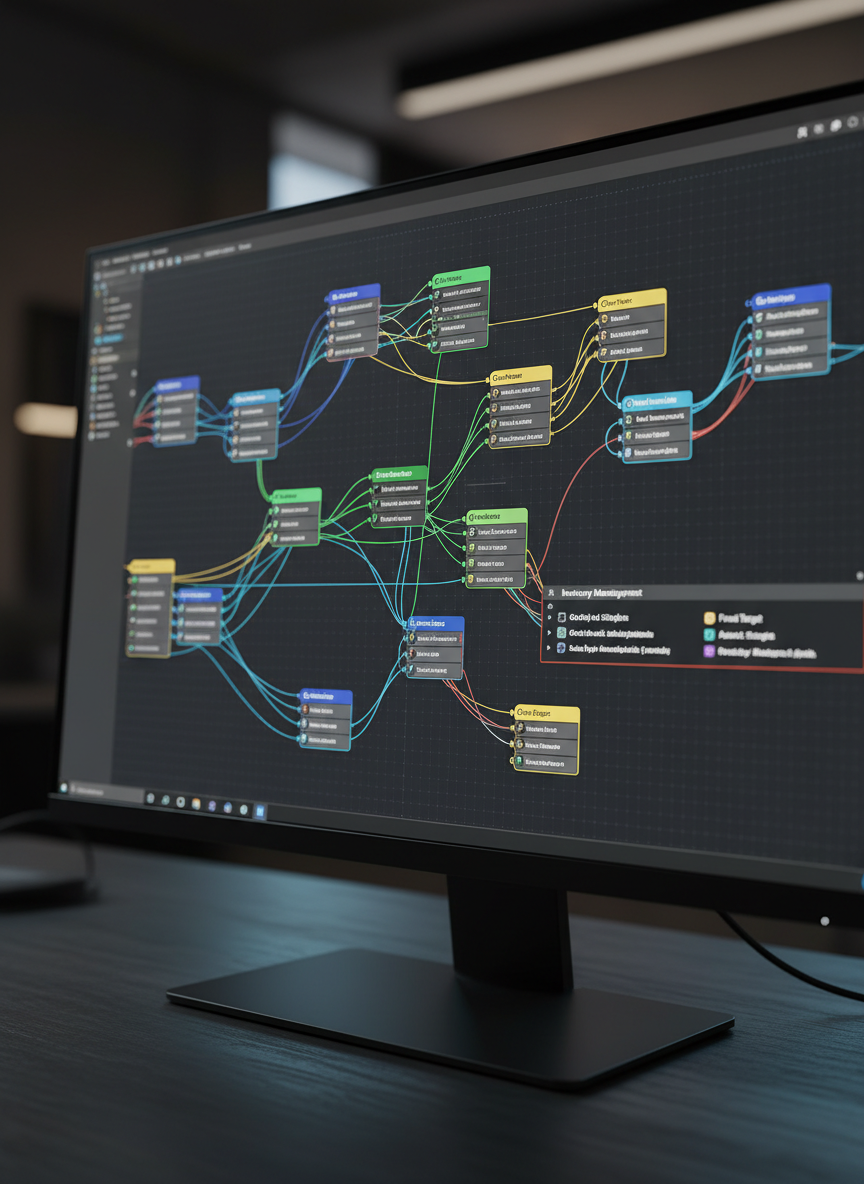 A close-up, cinematic render of a modular blueprint graph in Unreal Engine, displayed on a high-resolution monitor, showcasing a complex but organized gameplay system. Color-coded nodes and cleanly labeled functions interconnect in elegant, readable patterns, with a subtle glow around active elements. The bezel of the monitor is thin and matte black, with faint reflections of an abstract studio space. The primary light source is the cool, luminous screen itself, casting gentle blue highlights onto a dark, textured desk surface beneath. The camera angle is a tight, three-quarters close-up, with the graph in sharp focus and the edges of the monitor softly blurred, evoking precision and expertise. The mood is focused, technical, and sophisticated, with a cinematic, high-contrast aesthetic.