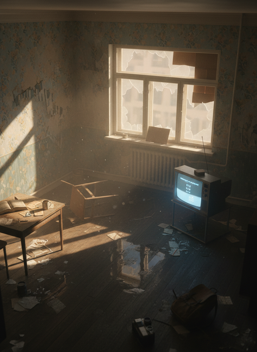 A narrative-driven, abandoned urban apartment interior designed as a game environment, with peeling patterned wallpaper, dust motes drifting through slanted golden-hour light from a cracked window, and a complex arrangement of environmental storytelling props. A toppled chair, scattered notes, and a flickering television displaying a paused game UI suggest a story mid-interruption. The wooden floorboards are scuffed and uneven, with subtle reflections in small water puddles. The scene is composed from a slightly elevated corner angle, using the rule of thirds to frame the window as a primary light source. Shadows stretch dramatically across the room, while a shallow depth of field keeps foreground objects in crisp focus and the far wall softly blurred. Cinematic, filmic realism with muted, sophisticated color tones.